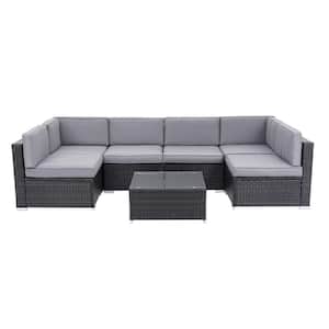 Outdoor Sectional 7-Piece Wicker Outdoor Patio Conversation Set with Gray Cushions and Tempered Glass Table