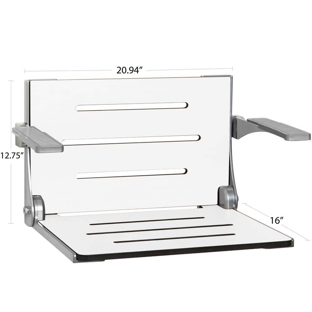 White Teak Folding Wall Mount Shower Seat with Arms