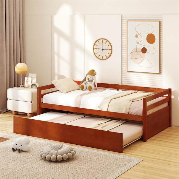 Walnut Twin Size Daybed Wooden Slat Support Mattress Platform with Trundle