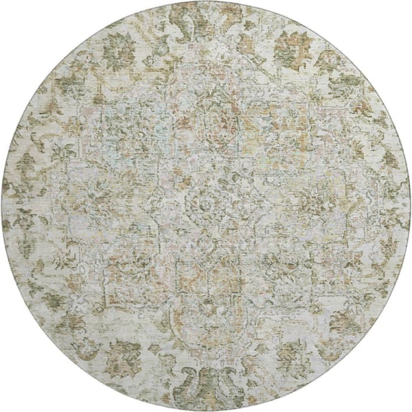Mayfield Premium Machine Washable Abstract AMF2138 Ivory 8 ft. x 8 ft. Round Rug