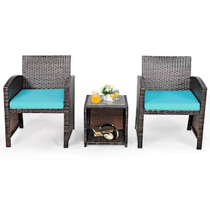 3-Piece Rattan Patio Conversation Furniture Set Yard Outdoor with Turquoise Cushions