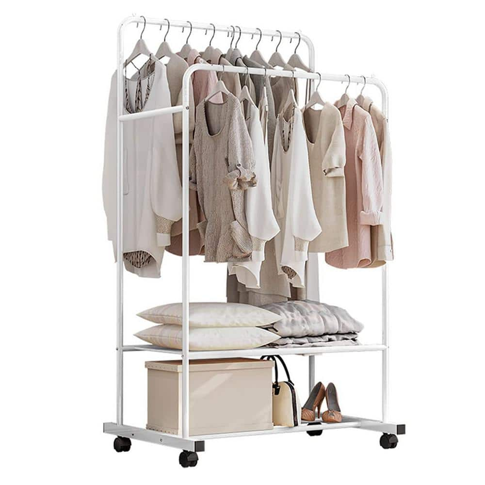 White Metal Garment Clothes Rack with 2 Tiers Shelves 33 in. W x 65 in. H  rack-476 - The Home Depot