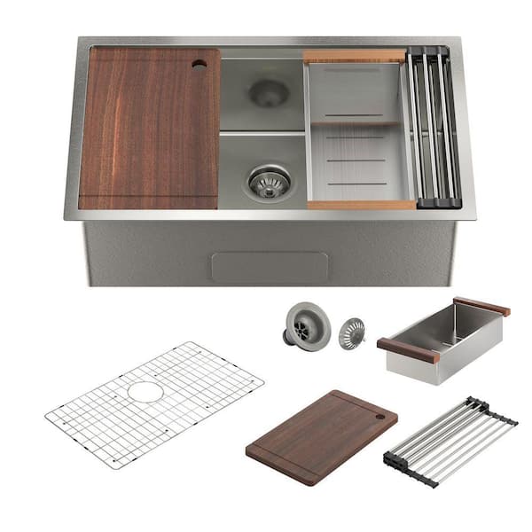32 in. Undermount Single Bowl 16G Nano Brushed Stainless Steel Kitchen Sink w/ Workstation Cutting Board and Drying Rack