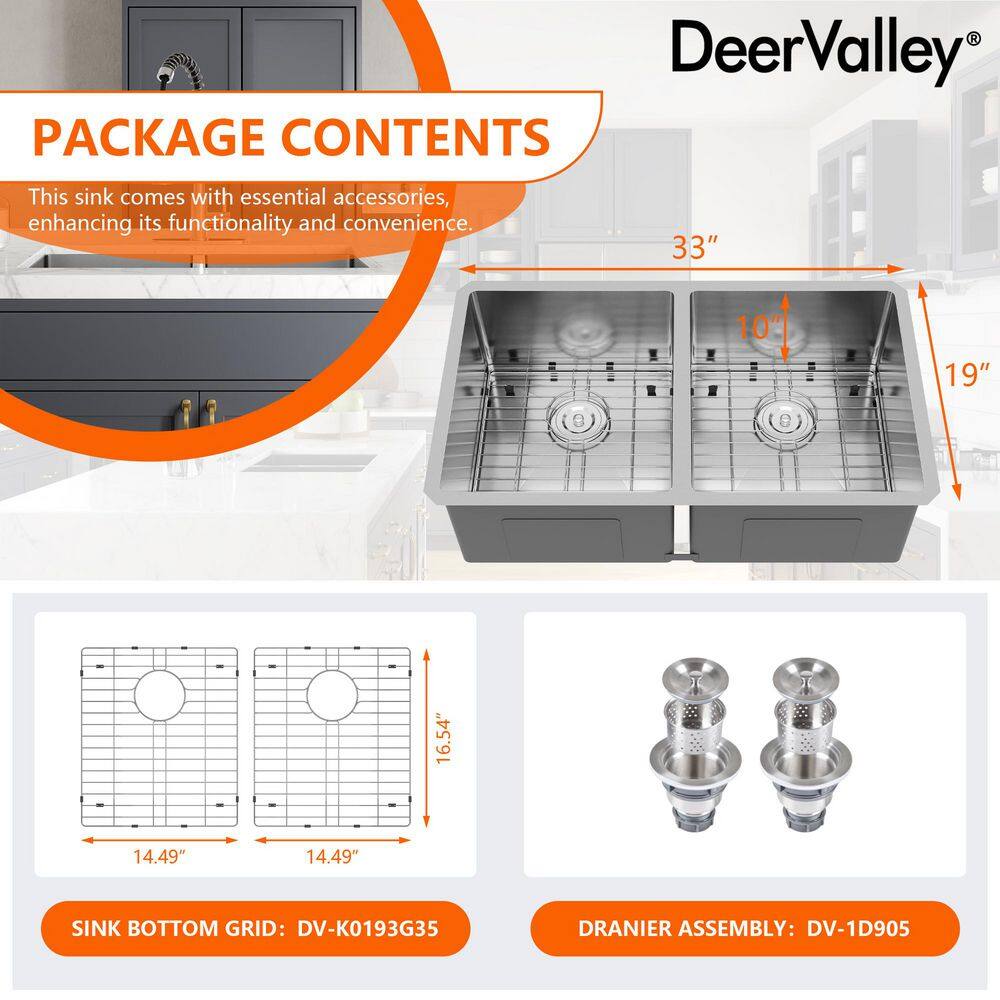 DeerValley 33'' Stainless Steel Double Bowl Undermount Kitchen Sink