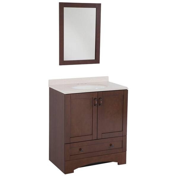 Glacier Bay Cordova 31 in. Vanity in Auburn with Colorpoint Composite Vanity Top in Coral and Mirror-DISCONTINUED