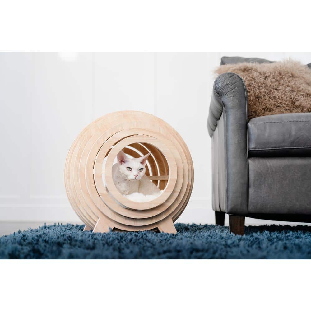 Medium Beige Wooden Sphere Cat Bed with Faux Fur Cushion
