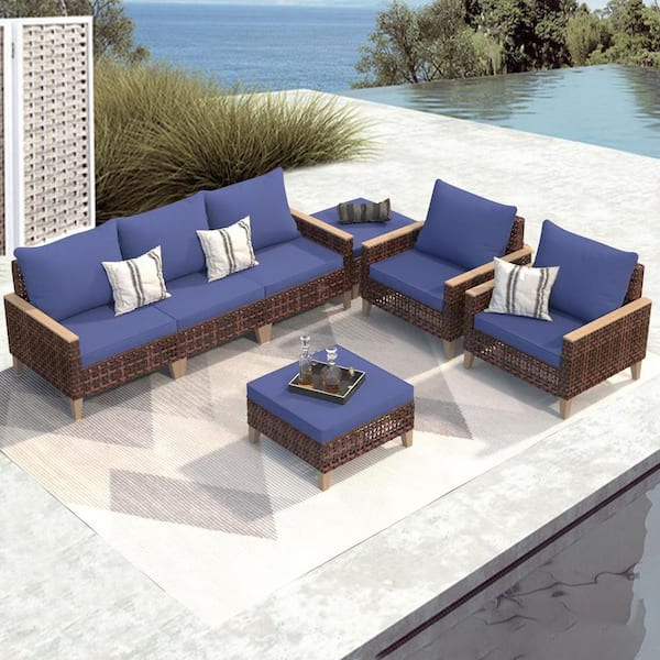 Sudzendf 7-Piece Brown PE Rattan Wicker Outdoor Sectional Sofa Set with Blue Cushions and Ottomans for Pool, Patio, Backyard