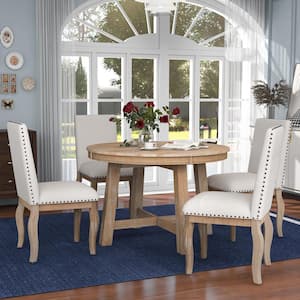 5-Piece Natural Wood Top Round Dining Table Set, Extendable Kitchen Table and 4 Upholstered Dining Chairs for 4 Person