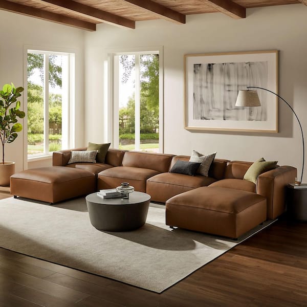 Auren 172.4 in. Square Arm 6-Piece Upholstered Vegan Leather L-Shaped Sectional Sofa in Coffee Brown