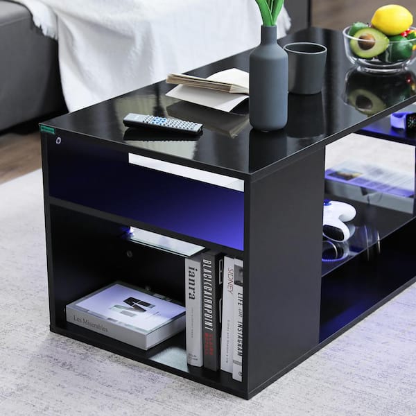 Hommpa LED Coffee Table Rectangular High Gloss Coffee Tea Table Modern  Center Table with LED Light 4 Storage Drawers Sofa End Table for Living  Room
