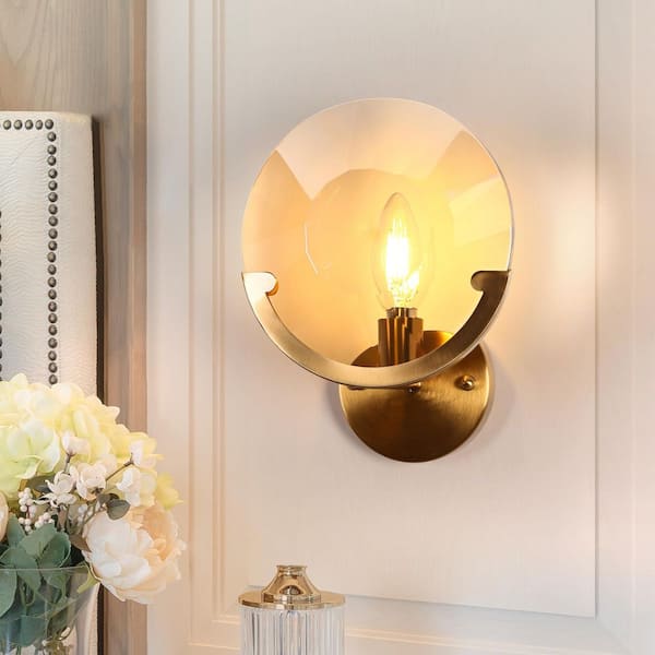 LNC 7.9 in. 1-Light Plated Brass Round Wall Sconce with Faceted Crystal Shield Modern Metal Wall Mounted Fixture for Hallway