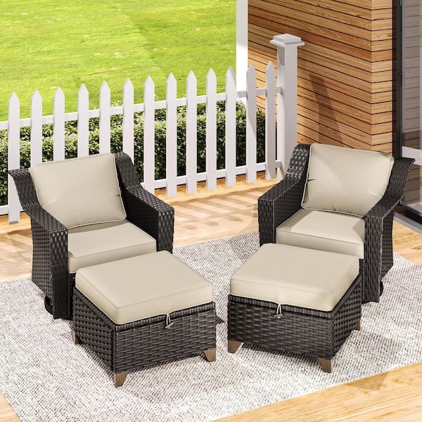 JOYSIDE 4-Piece Wicker Outdoor Pation Conversation Swivel Rocking Chair Set and Ottomans with Beige Cushions
