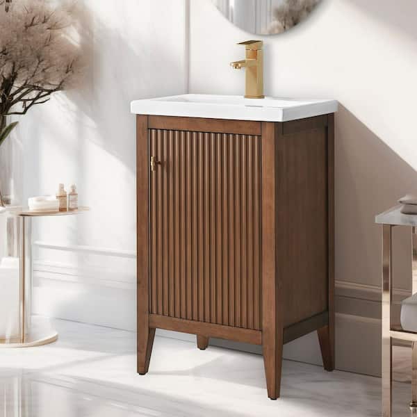20 in. W x 15.7 in D x 34 in. H Single Sink Bath Vanity Cabinet in Linear Walnut with White Ceramic Top