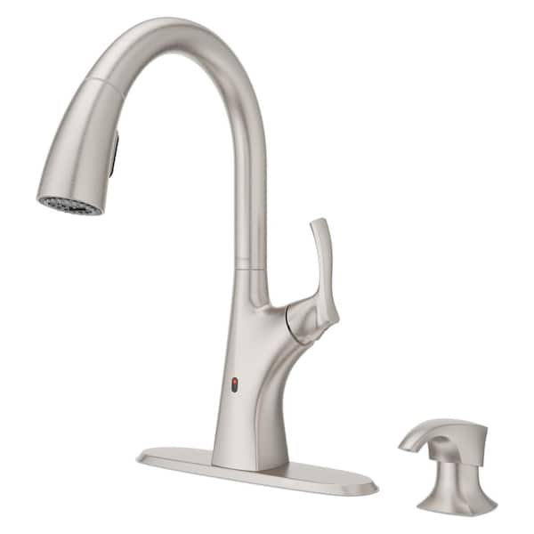 eMasey Electronic Single Handle Pull-Down Sprayer Kitchen Faucet w/Deckplate Soap Disp in Spot Defense Stainless Steel