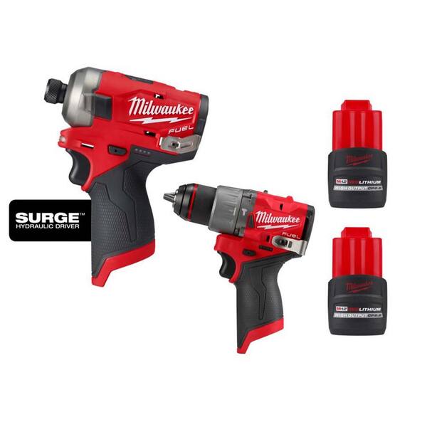 Milwaukee M12 FUEL SURGE 12 Volt 1 4 in. Hex Impact Driver w 1 2 in. Hammer Drill and 2 M12 HO 2.5 Ah Battery Packs 2551 20 3404 20 48 11 2425 48 11 2425 The Home Depot