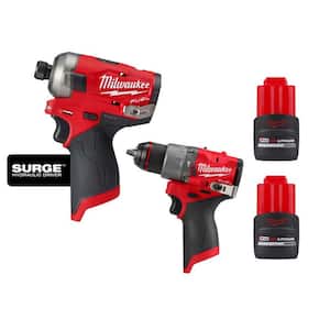 M12 FUEL SURGE 12-Volt 1/4 in. Hex Impact Driver w/1/2 in. Hammer Drill and (2) M12 HO 2.5 Ah Battery Packs