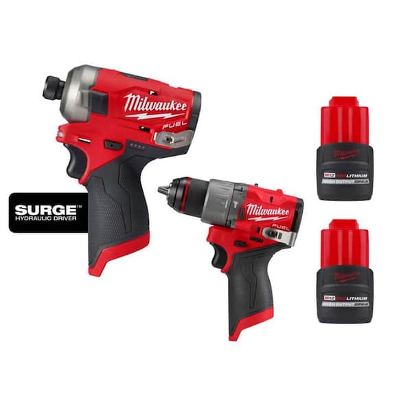 Milwaukee M12 FUEL SURGE 12-Volt 1/4 in. Hex Impact Driver w/1/2 in. Hammer Drill and (2) M12 HO 2.5 Ah Battery Packs