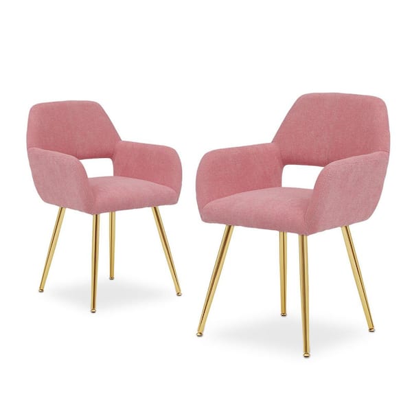 Hollow Backrest Fabric Seat Gold Metal Frame Outdoor Dining Chair with Pink Cushion (2-Pack)