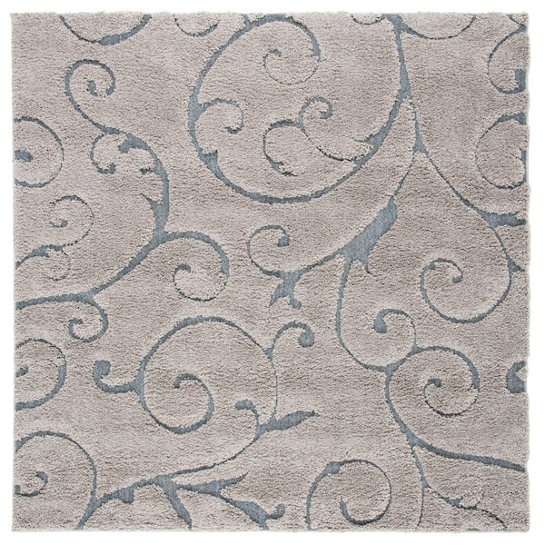 Florida Shag 5 ft. x 5 ft. Gray/Light Blue Scroll Square Rug