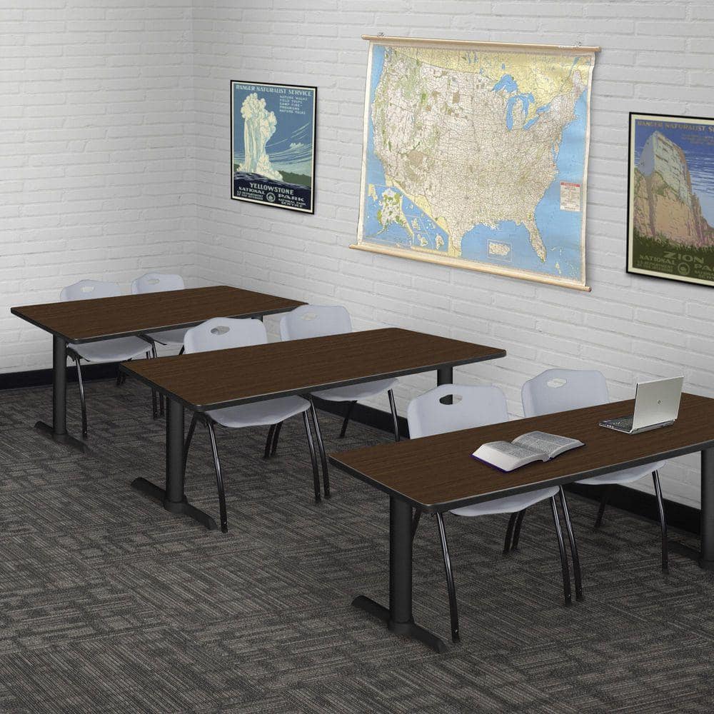 Cain 72 in. x 24 in. Neo Walnut T-Base Training Seminar Table Desk and 2 M Stack Chairs-Grey