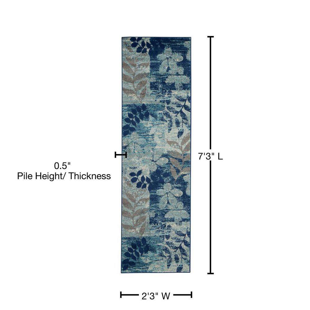 Navy and Light Blue Floral Synthetic Runner Rug
