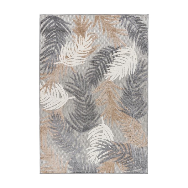 Tropical Floral Modern Indoor/Outdoor Beige 10 ft. x 14 ft. Area Rug