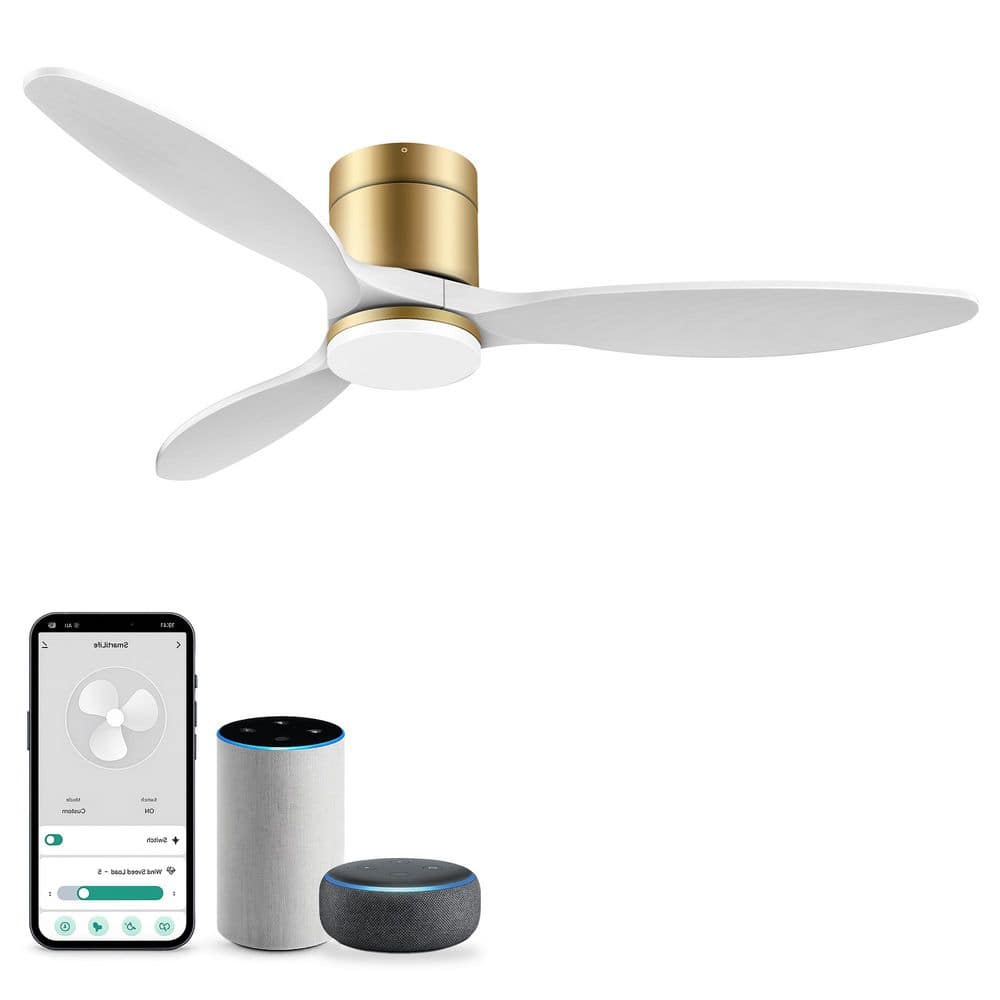 52 in. Smart Outdoor Indoor Glod Flush Mount Ceiling Fans with Lights Remote, Alexa Voice App, Quiet DC Motor