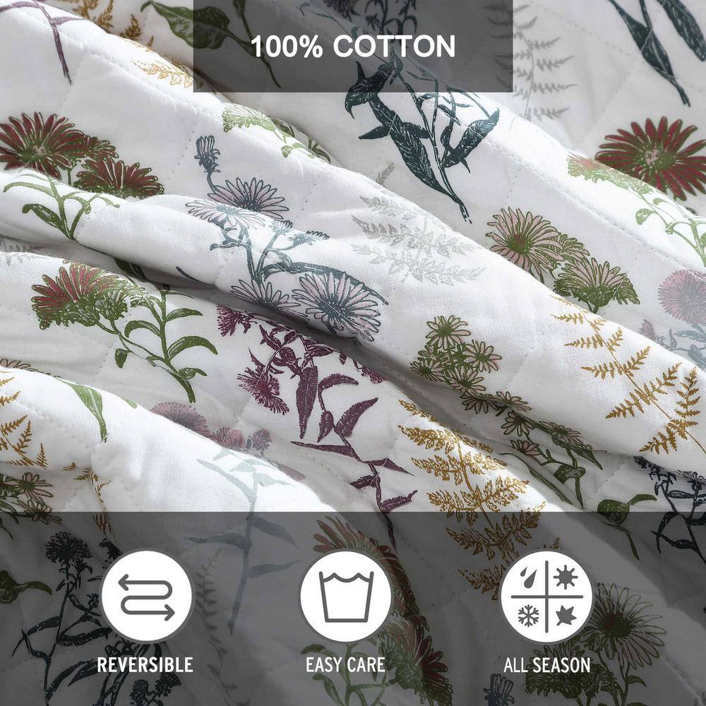 King White Cotton Reversible Quilt Set with Floral Print