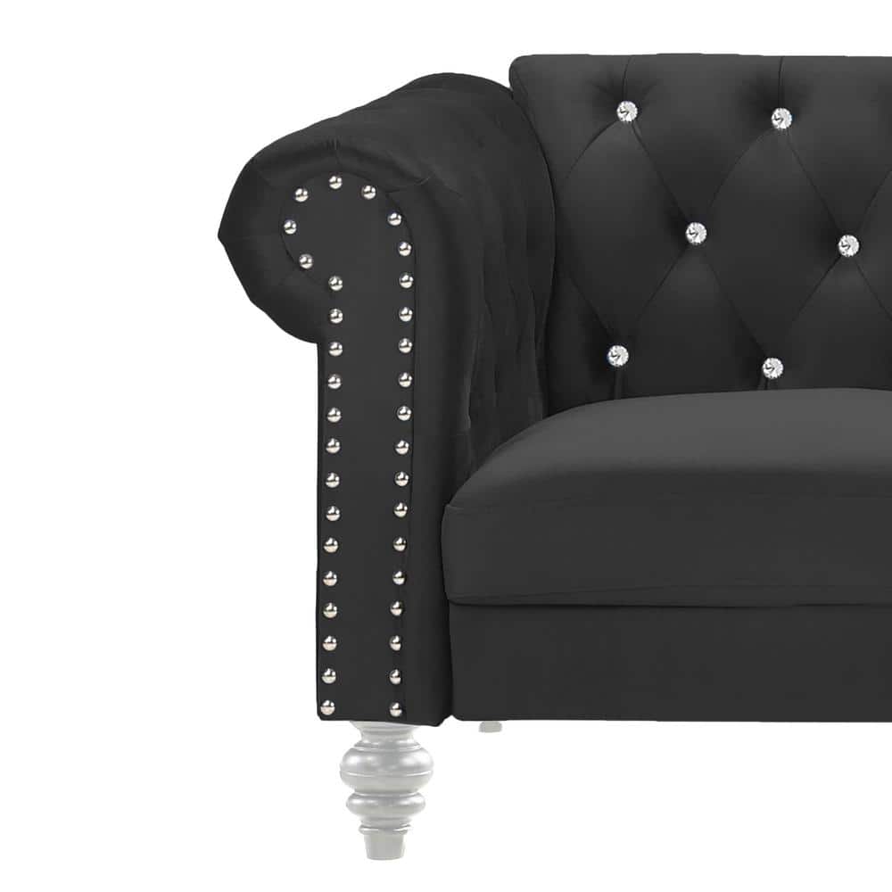 Emma Crystal 81'' Black Velvet Chesterfield Sofa with Nailhead Trim