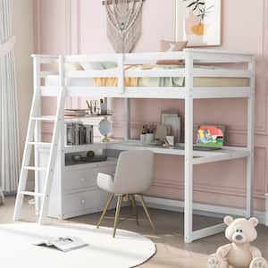 White Twin Size Wooden Loft Bed with Built-in Desk, Shelves and Drawers