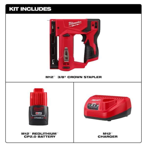 M12 12-Volt Lithium-Ion Cordless 3/8 in. Crown Stapler with Compact Battery Pack 2.0Ah and Charger Starter Kit