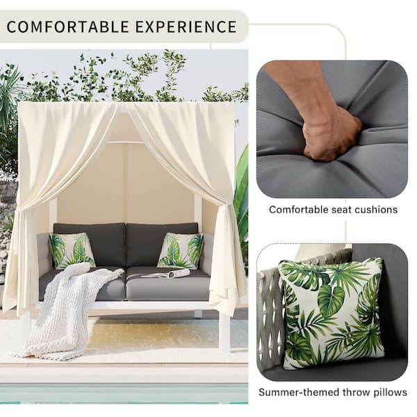 Sling Outdoor terrace sofa bed leisure Couch with curtains suitable for various scenes with Cushions and pillows gray