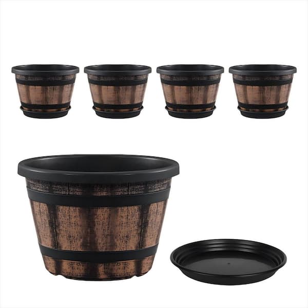 12 in. Dia x 8 in. H Brown Large Plastic Whiskey Barrel Planters with Drainage Holes and Saucer for Outdoor Set of 4