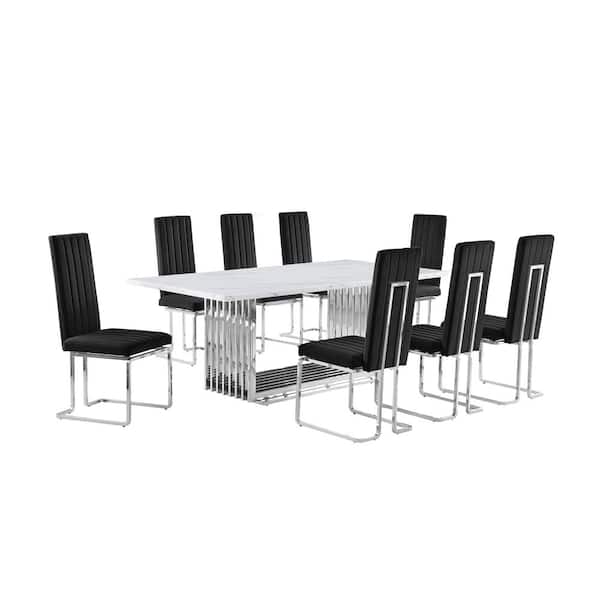 Lisa 9-Piece Rectangle White Marble Top Stainless Steel Base Dining Set With 8-Black Velvet Chrome Iron Leg Chairs