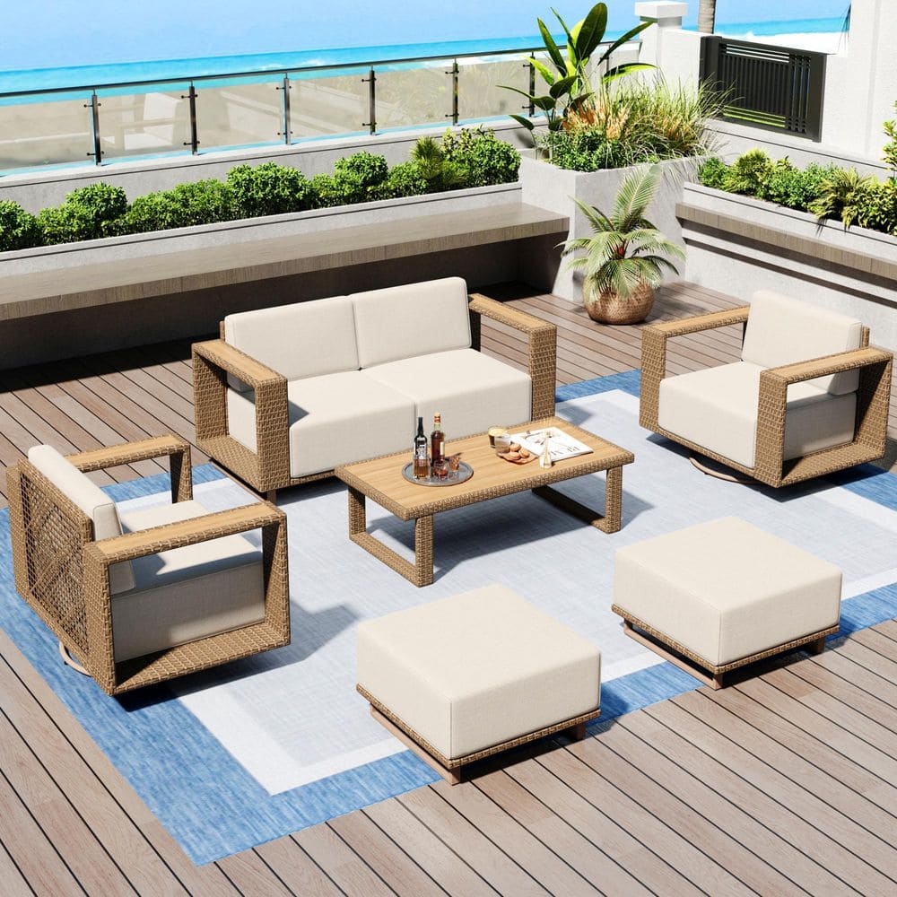 Brown Rattan Wicker 6 Seat 7-Piece Steel Outdoor Patio Conversation Set with Beige Cushions,Swivel Chairs and 2 Ottomans
