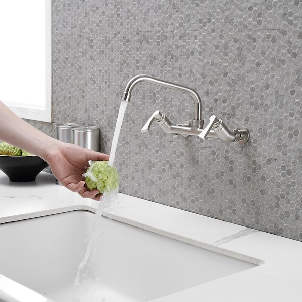 Double Handle Commercial Sink Faucet Swivel Spout 8 in. Center Wall Mount Standard Kitchen Faucet in Brushed Nickel
