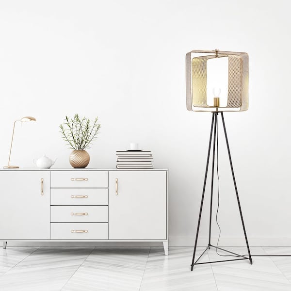 Zade 60 in. Black Tripod 1-Light Floor Lamp with Gold Metal Square Shade