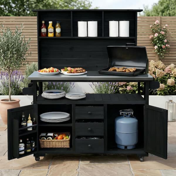 Black Wood 65 in. H 3-in-1 Garden Potting Bench Kitchen Island