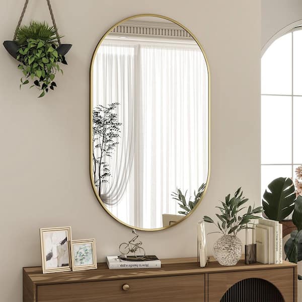 XRAMFY 20 in. W x 35.8 in. H Modern Oval Gold Aluminum Alloy Framed Bathroom Mirror Wall Mirror