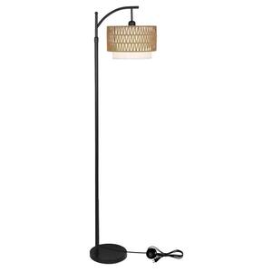 65 in. Brown 1-Light Smart Dimmable Swing Arm Arc Floor Lamp for Living Room with Fabric Drum Shade