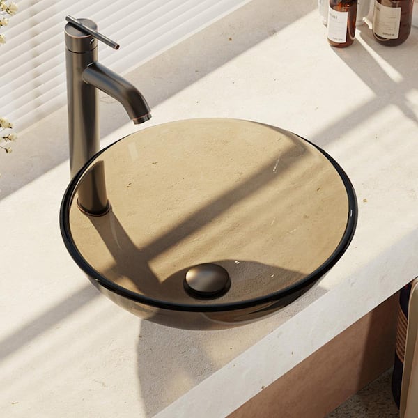 Rene Glass Vessel Sink in Cashmere with R9-7001 Faucet and Pop-Up Drain in Antique Bronze