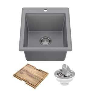 Bellucci Metallic Grey Granite Composite 18 in. 1-Hole Drop-in Workstation Bar Sink with Accessories