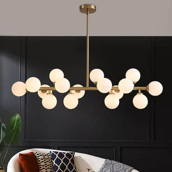 40 in. 16-Light Integrated LED Milky Gold Glass Globe Chandelier for Dining Room and Living Room