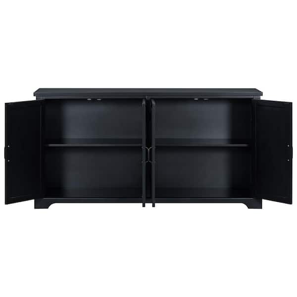 Black Wood 62.8 in. Sideboards with Pine Doors and Legs, 4-Metal Handles Ideal for Dining Table Area