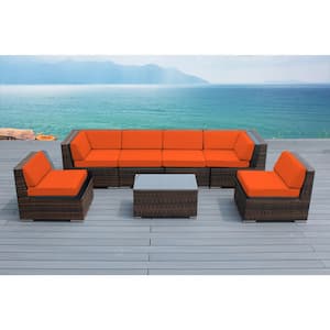 Ohana Mixed Brown 7-Piece Wicker Patio Seating Set with Supercrylic Orange Cushions