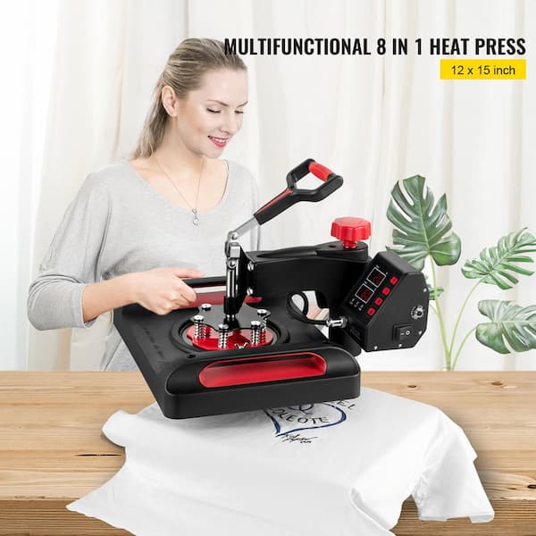 VEVOR 12 in. x 15 in. Heat Press Machine 8 in 1 Heat Press Sublimation Machine Dual-Tube Heating Shirt Printing Machine, Red