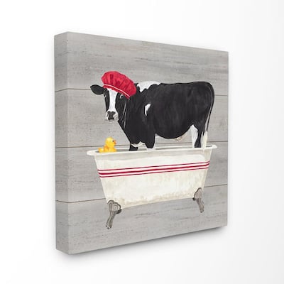 24 in. x 24 in. "Bath Time For Cows at Tub Red Black and Grey Painting" by Tara Reed Canvas Wall Art
