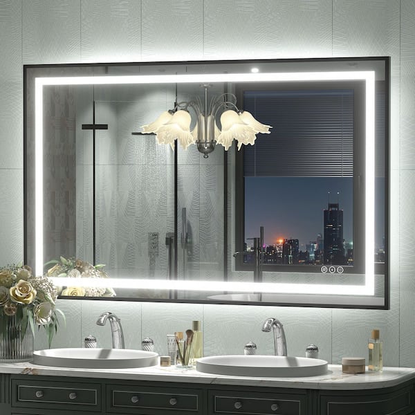 51 in. W x 32 in. H Rectangular Framed Front and Back LED Lighted Anti-Fog Wall Bathroom Vanity Mirror in Tempered Glass