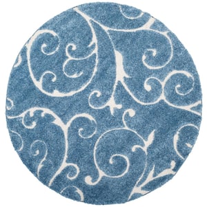 Florida Shag Light Blue/Cream 4 ft. x 4 ft. Round Floral Area Rug