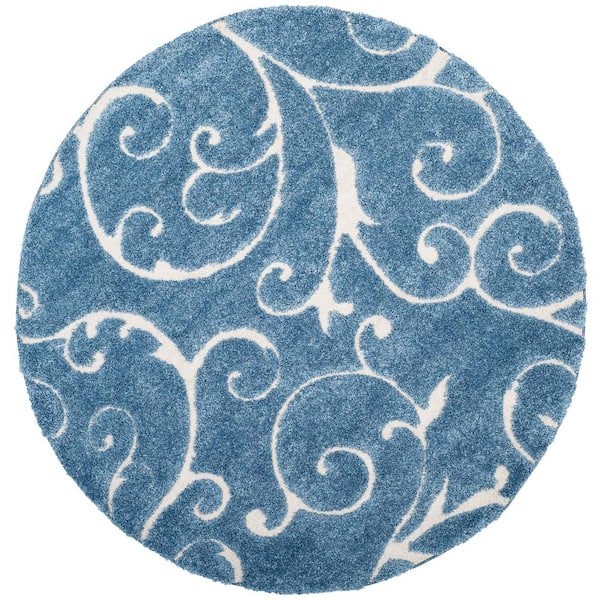 SAFAVIEH Florida Shag Light Blue/Cream 9 ft. x 9 ft. Round Floral Area Rug